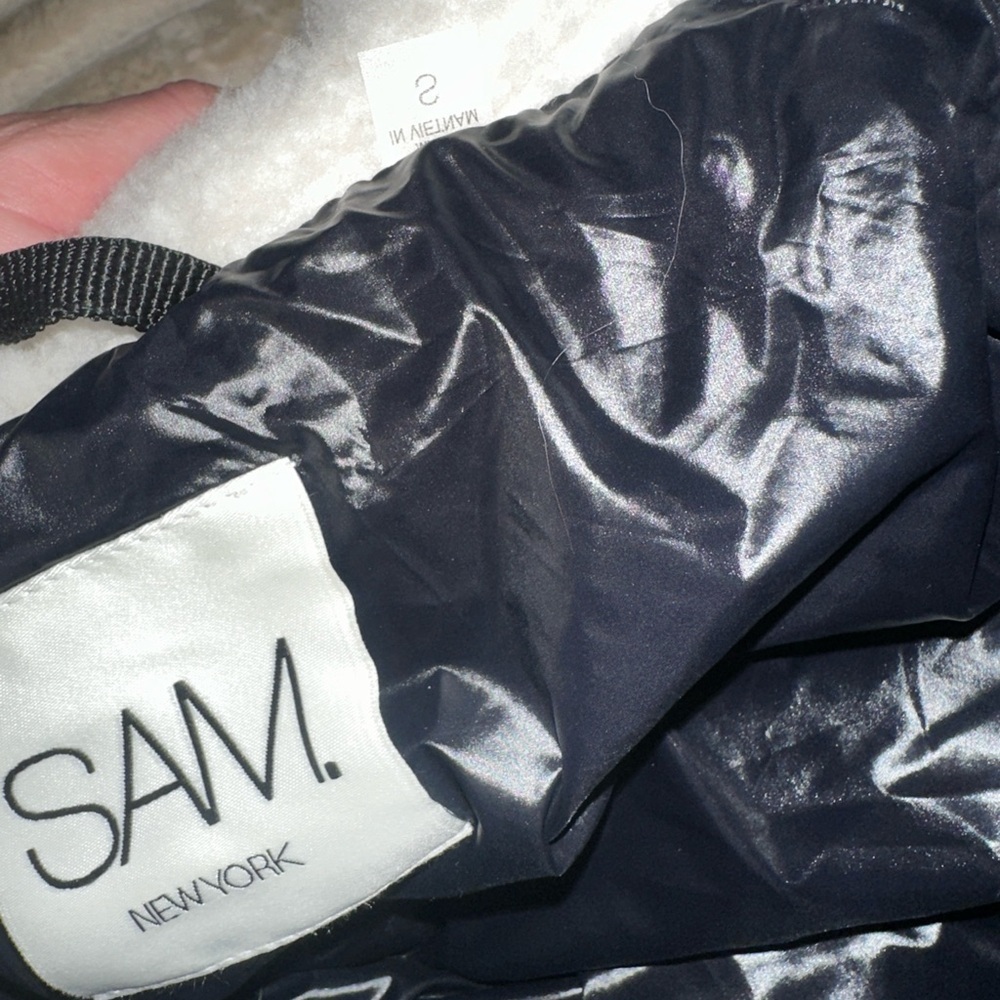 New SAM. Nikki Quilted Down Puffer Lamb Shearling Trim Glossy Black Coat Size S - Picture 12 of 16